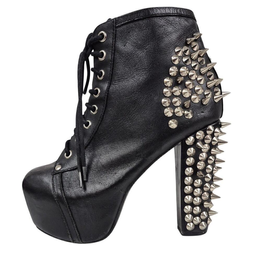 Spike Black Leather Silver Metal Spike Stud Platform Laceup Shoe Boots Sz 6.5 - Picture 7 of 16